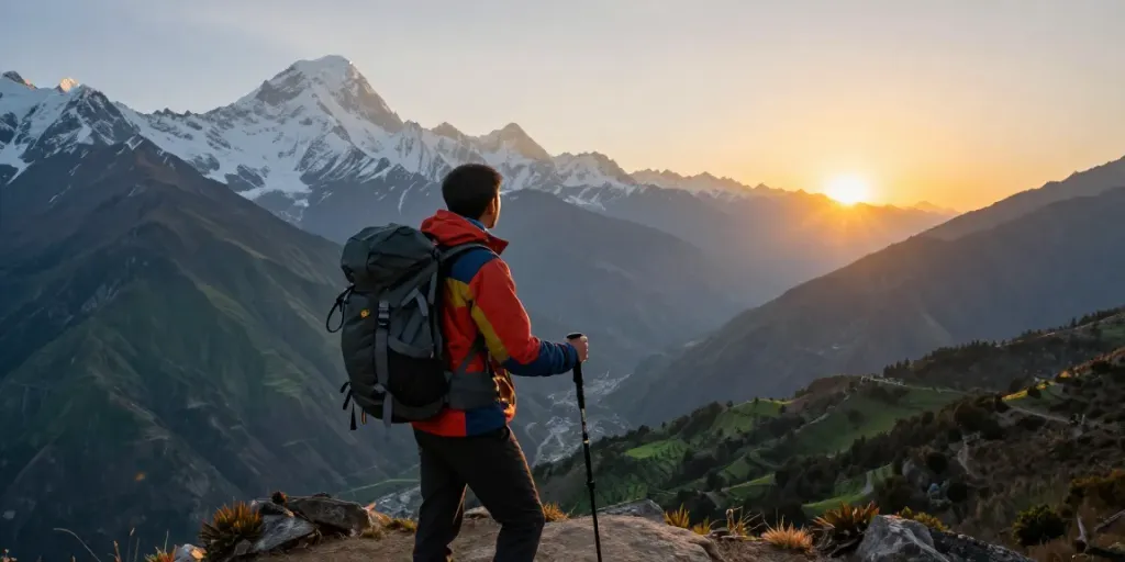 Un excursionista en el Manaslu Trek, admirando un impresionante paisaje montañoso durante la puesta de sol.