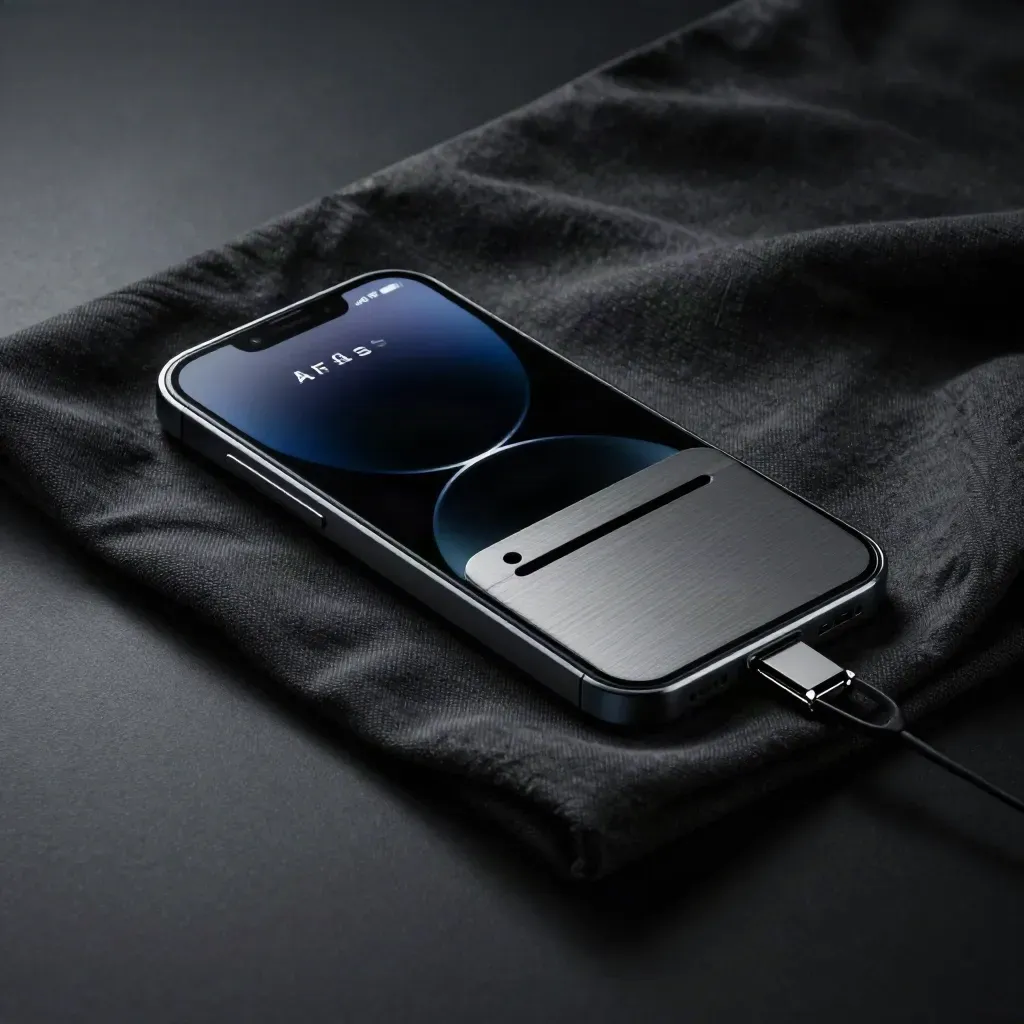 Charcoal fabric wraps a CRM dashboard card, phone, clip and holder in moody studio light.