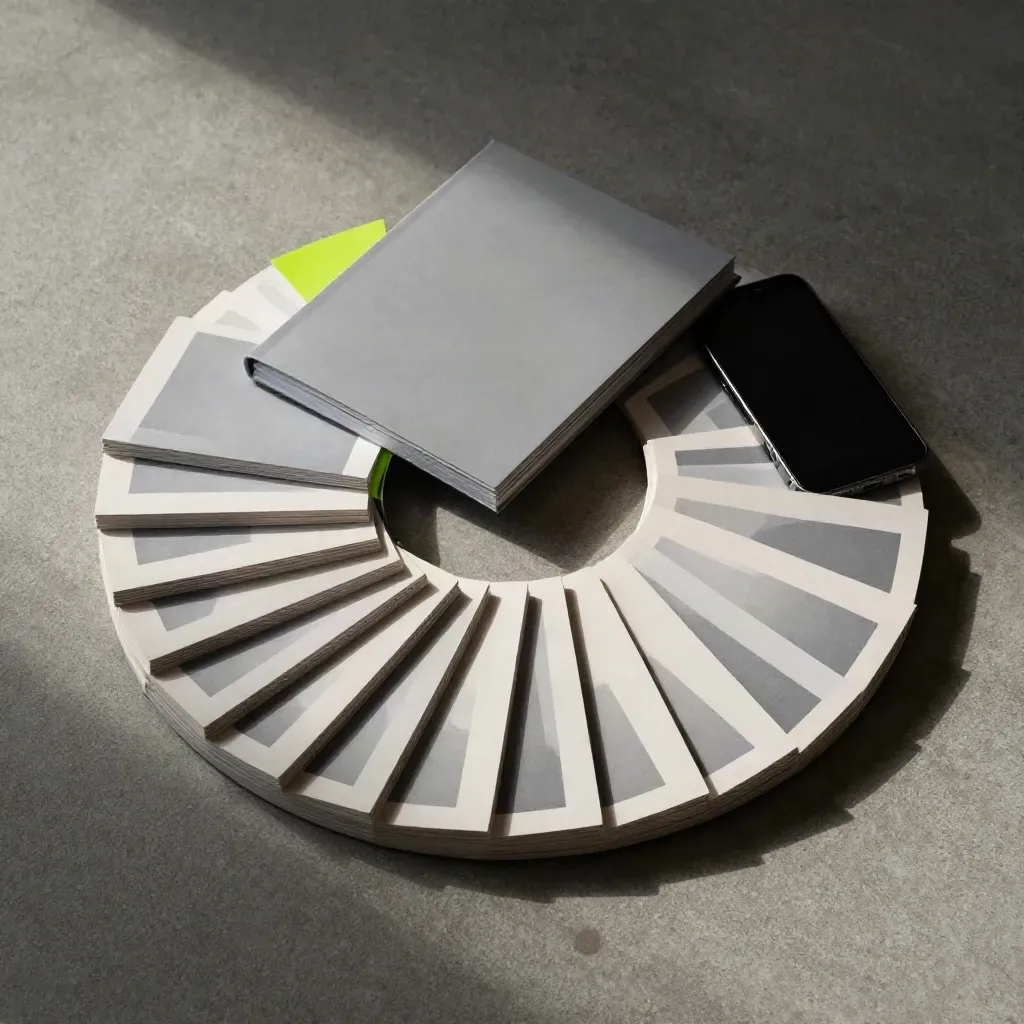 Overhead review pack of slide cards, slim binder and phone on brushed concrete with a lime accent.
