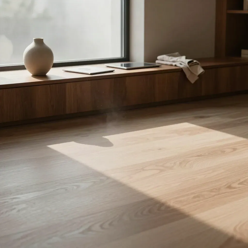 Warm walnut boardroom ledge, frosted window, ceramic form, and calm copy space